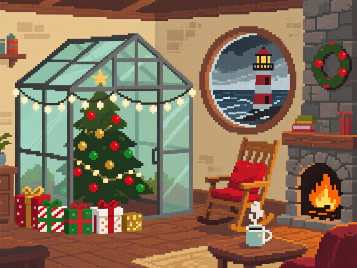 A garden greenhouse decorated for the holidays with tiny ornaments, within a lighthouse keeper's living room.