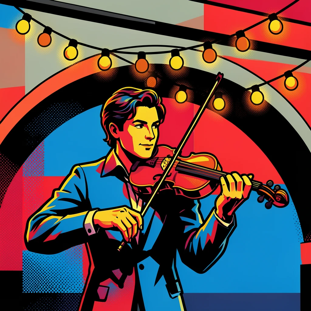 A violinist performing beneath a bridge lit with string lights