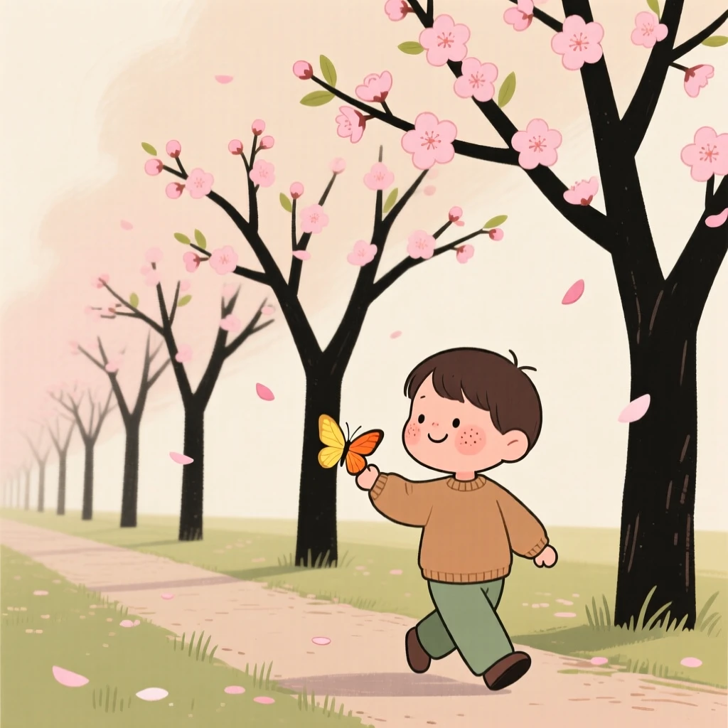 The first blossoms of spring open along a row of cherry trees as a child chasing a butterfly walks slowly by, breathing in the fresh scent of new blooms in the mild morning air.