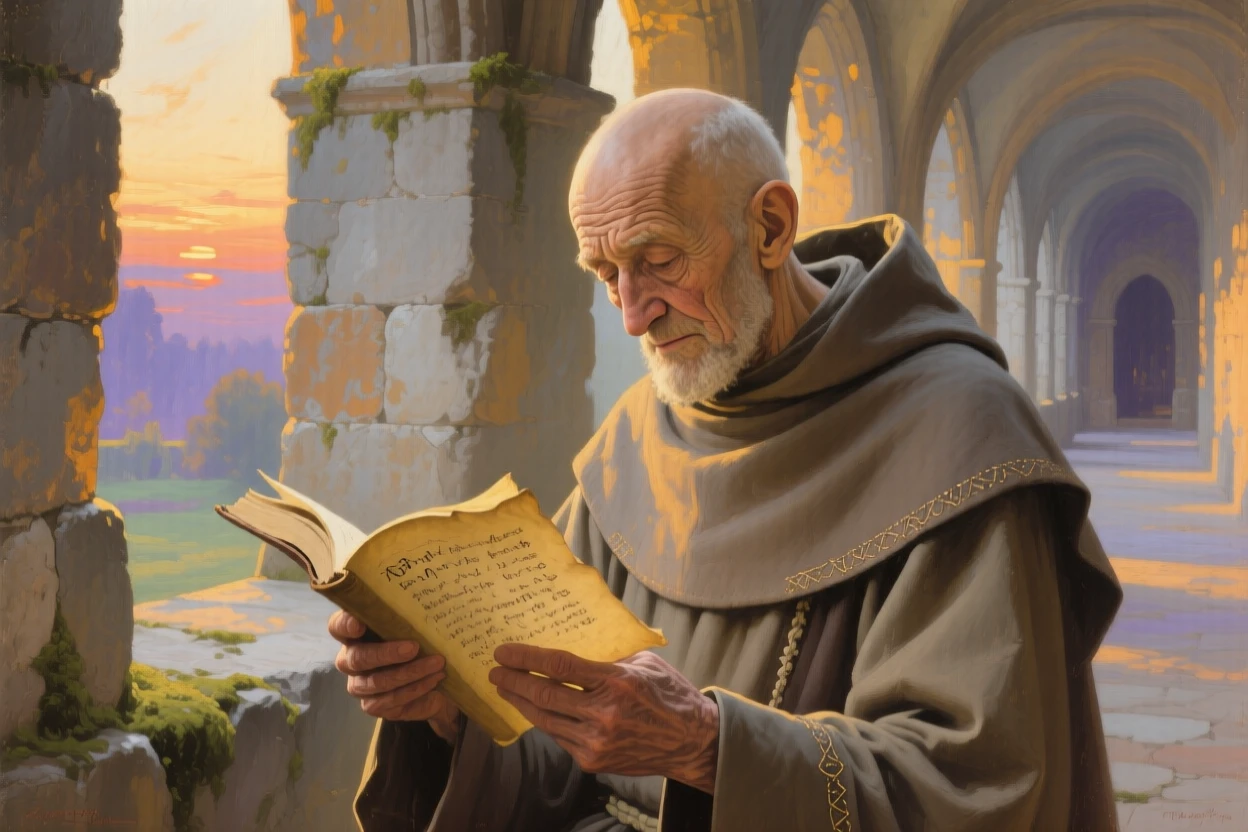 An intimate close-up of an old monk reading scripture in a sunlit stone cloister, in the last light of sunset, in the 1950s.