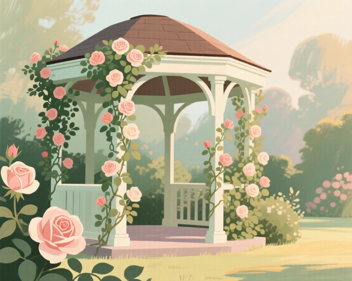 A quiet garden gazebo wrapped in climbing roses