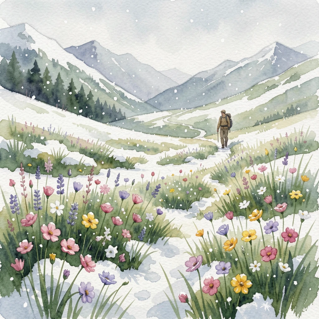 An alpine meadow full of wildflowers during the first snowfall with a lone traveler walking a distant trail.