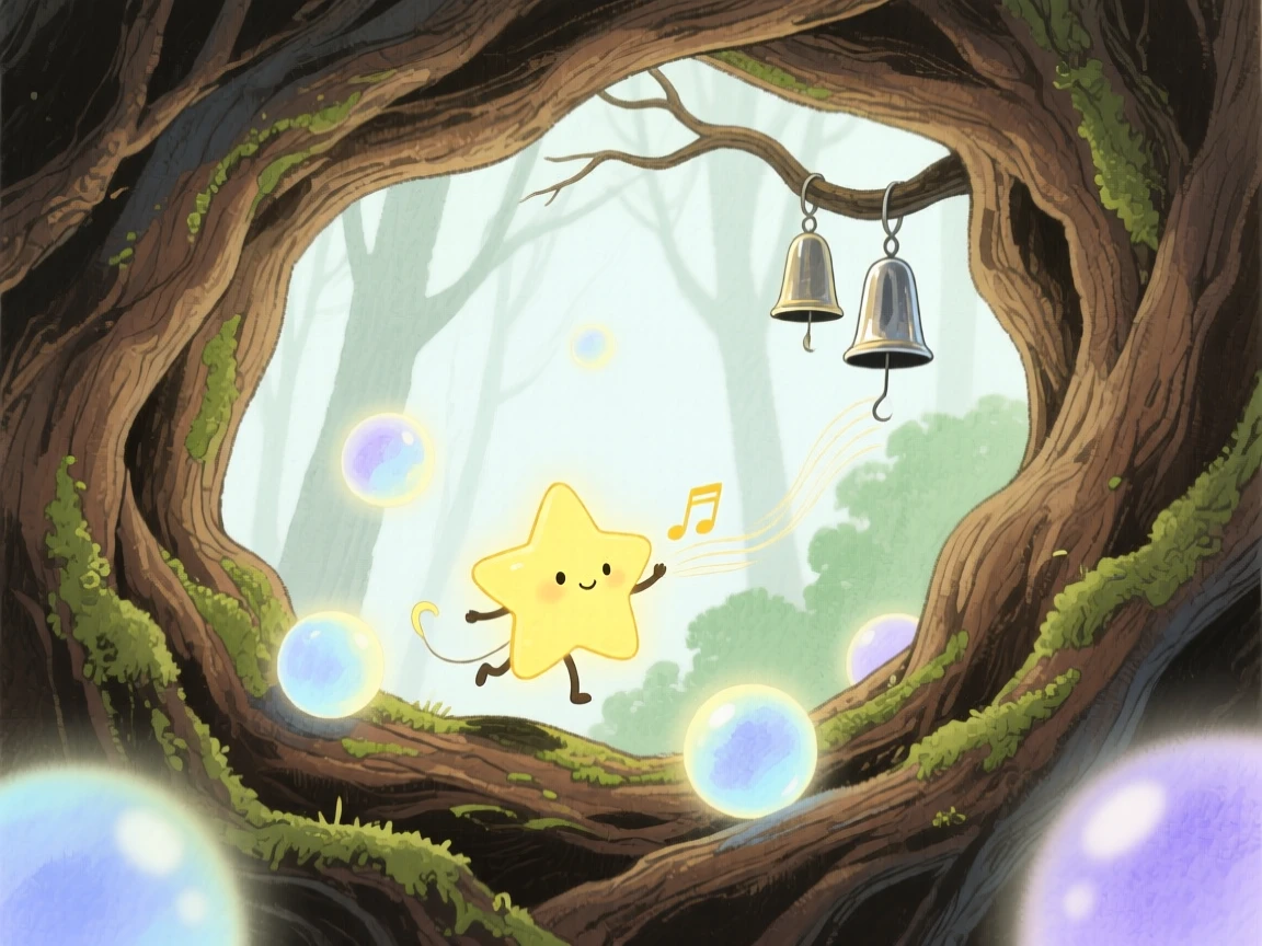 A tiny star creature plays among floating glowing orbs in an ancient hollow oak, as distant chimes ring softly in the wind