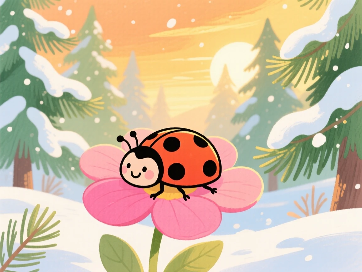A ladybug resting on a petal playing joyfully in a snowy pine forest at the golden hour.