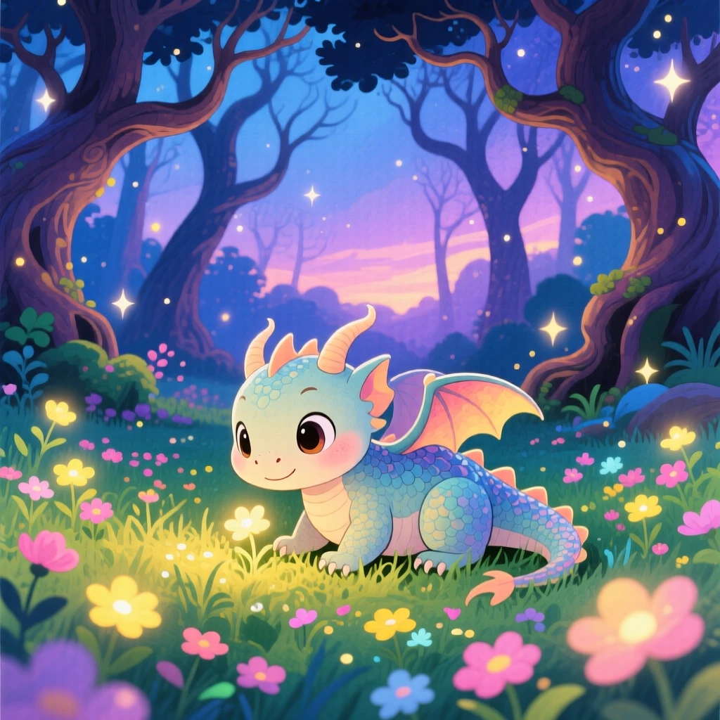 A gentle baby dragon grazing peacefully in a meadow of glowing flowers, in an enchanted forest at twilight, sparking pure childlike delight.