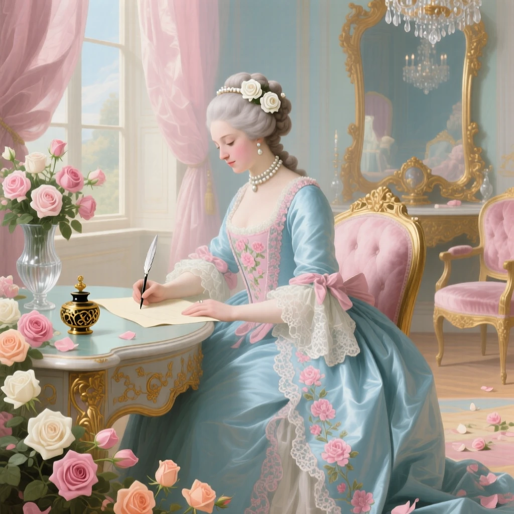 A queen writing a letter at a desk covered with roses  