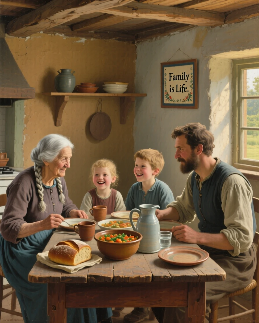 A family gathered around a table for a warm Sunday dinner, captured in a candid, unposed moment of togetherness, celebrating the simple, universal joys of family life