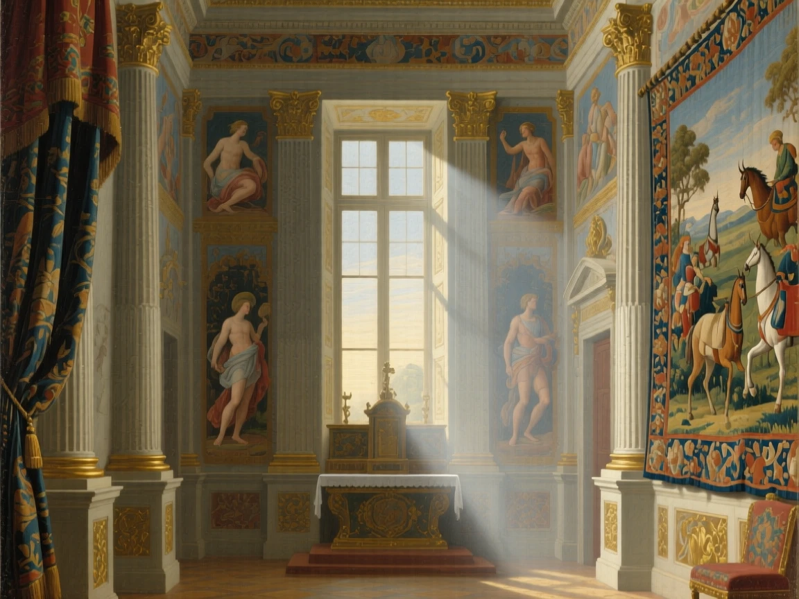 A private chapel with frescoed walls and a single beam of light catching the first light of morning through tall windows, set within a palace built for generations of nobility, with rich tapestries depicting scenes of hunts and festivals; strong vertical lines of columns lead the eye upward toward the light, evoking timeless grandeur and quiet reverence.