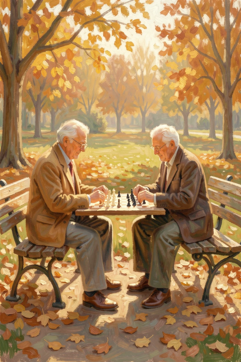 Two elderly friends playing chess on a park bench, autumn leaves scattered around their feet.