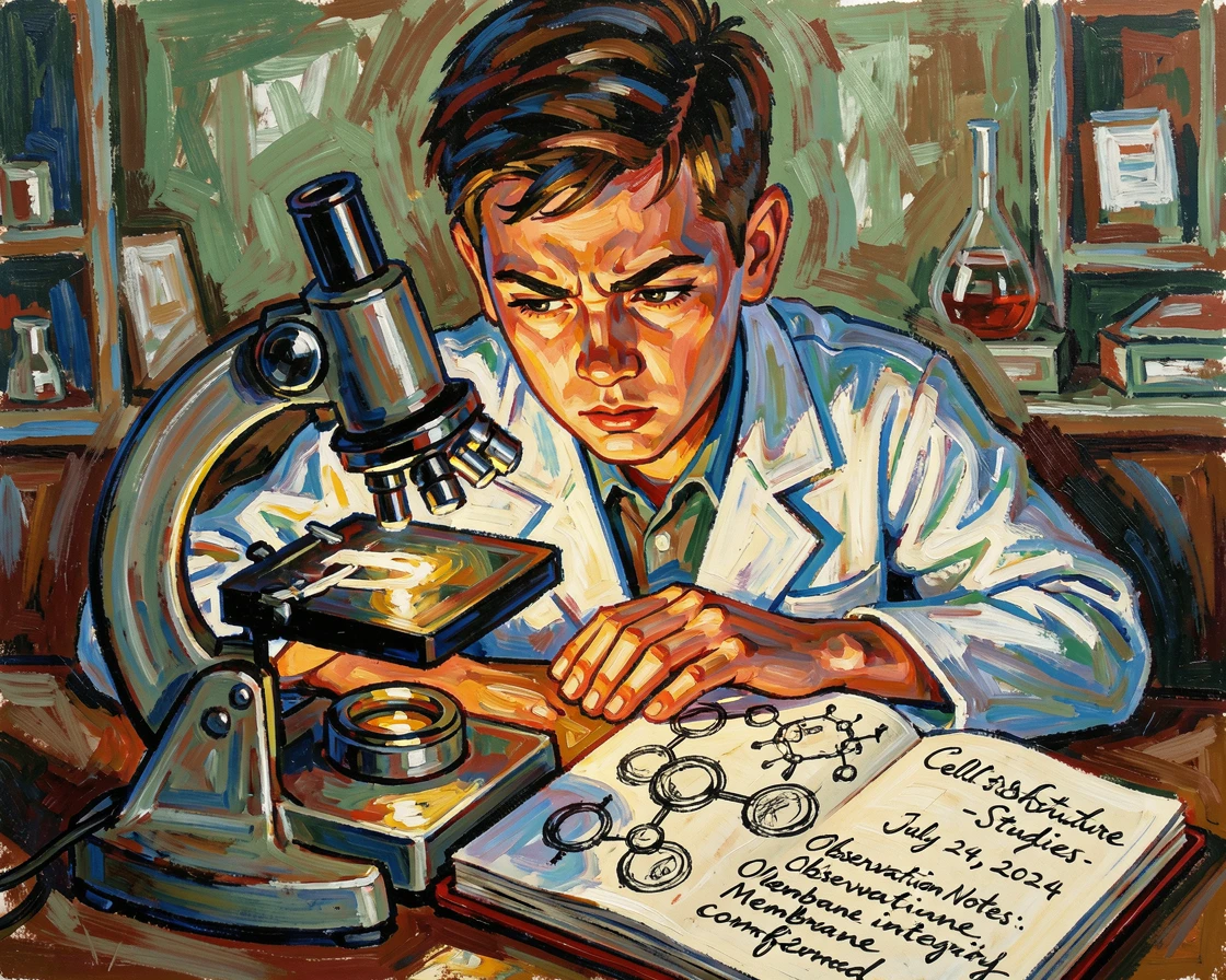 A determined young scientist peering into a microscope, notebook filled with careful sketches.