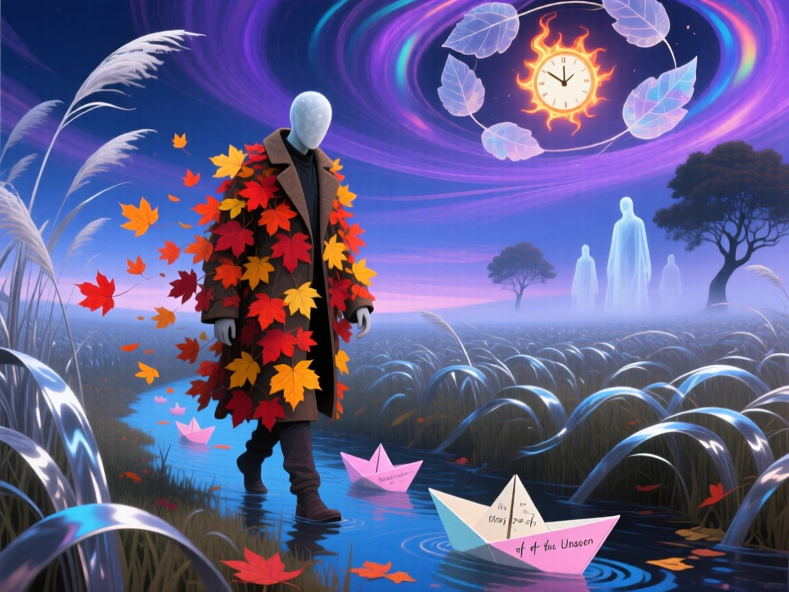 A faceless traveler wrapped in a coat of falling leaves walks slowly through a field of tall silver grass, as tiny paper boats drift past their feet.