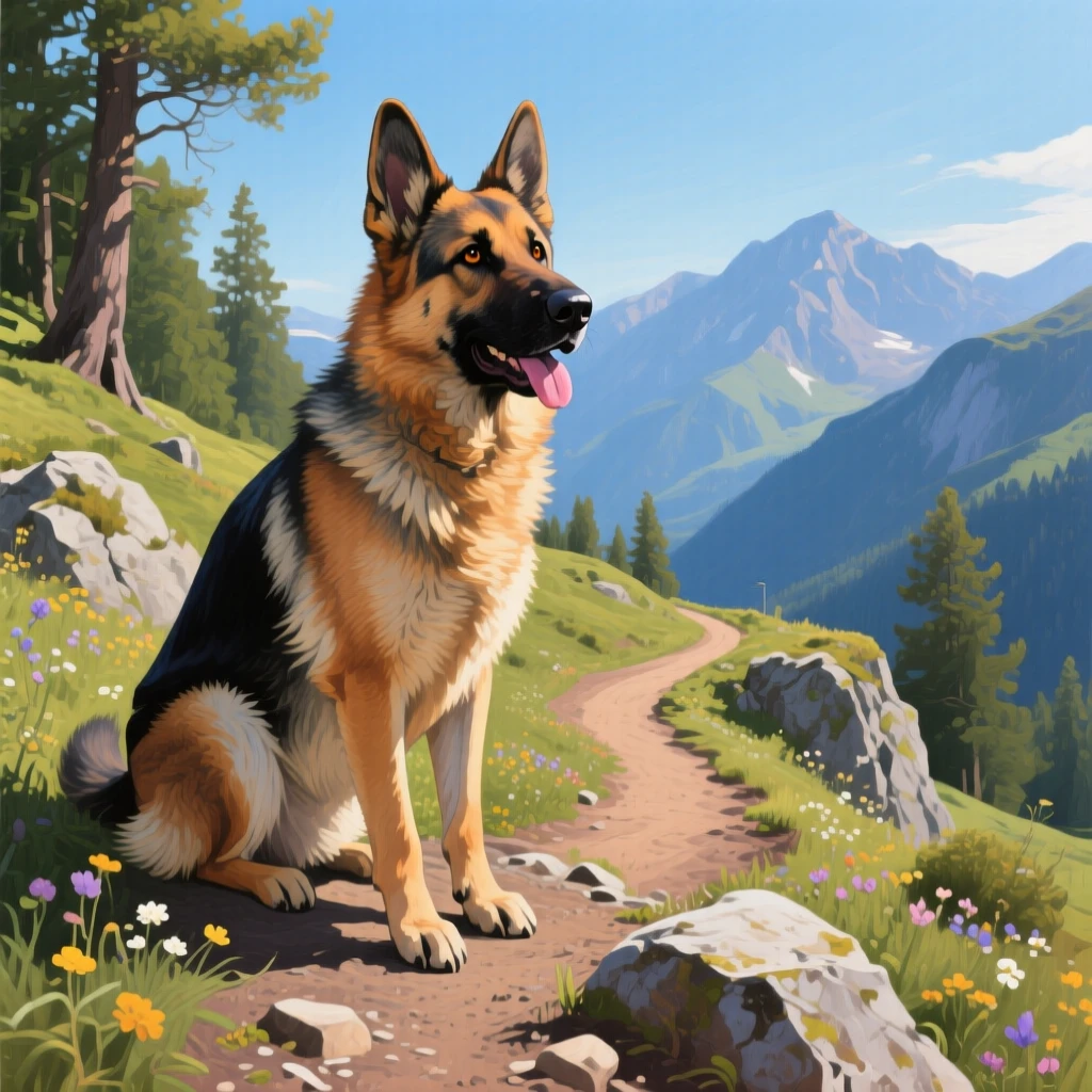 A dignified German shepherd sits alert at the edge of a mountain trail, tongue out and eyes bright after a long hike with its owner, small details in its fur or feathers catching the light with remarkable clarity.