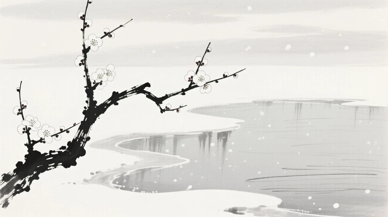 A single plum branch extends into frame, its blossoms dusted with snow, beside a frozen pond reflecting the pale sky.