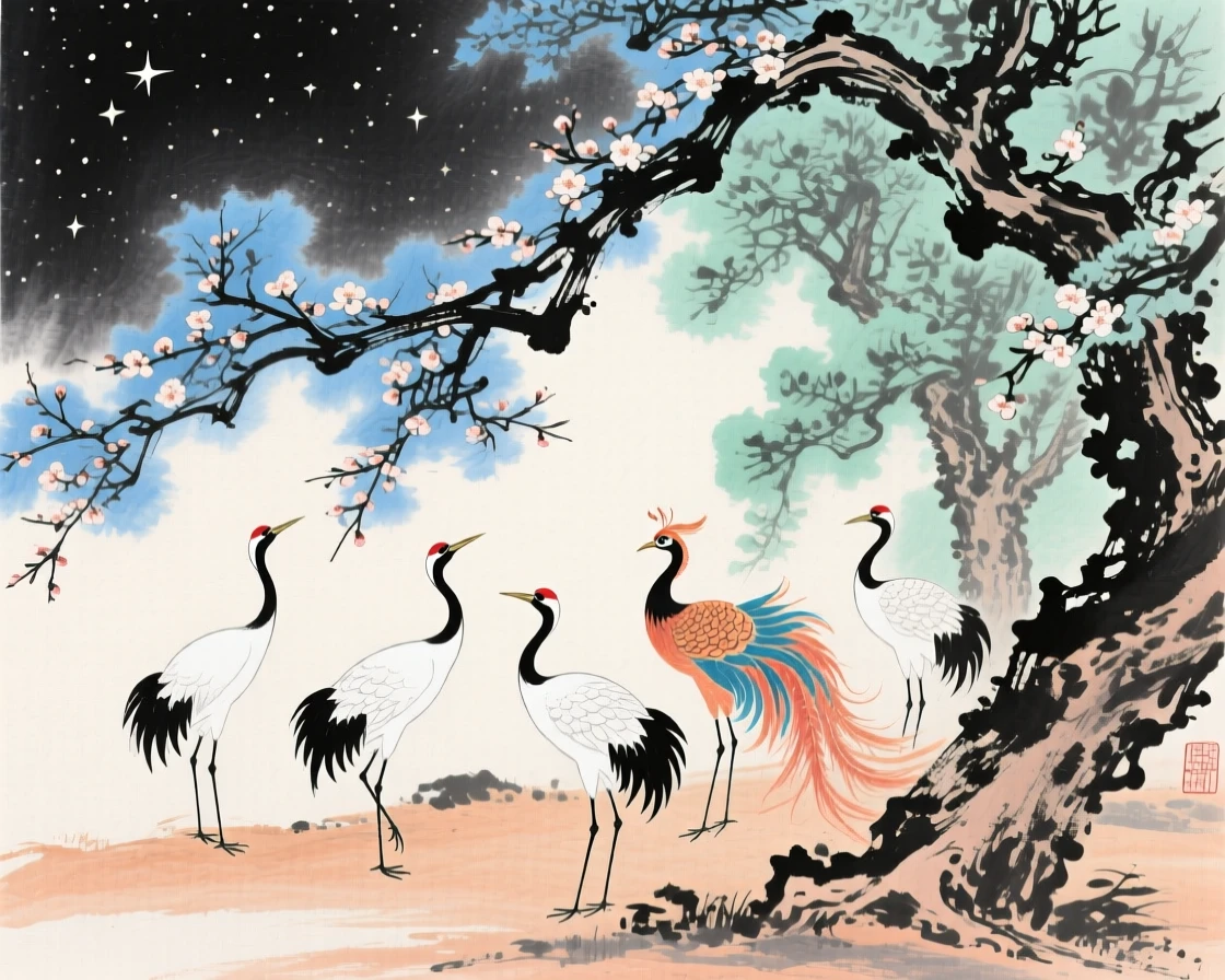 A heavenly garden where cranes and phoenixes gather beneath blossoming trees, under a sky full of stars, carrying a mood of wistful nostalgia.