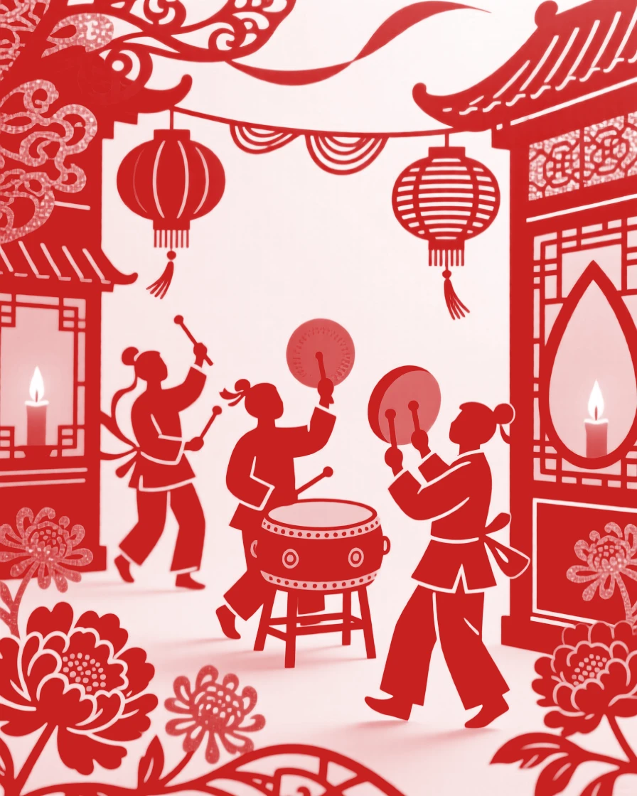 A scene of a street parade with drums and cymbals, where red and gold decorations shimmer in the evening light, with the glow of candlelight reflected in every window.