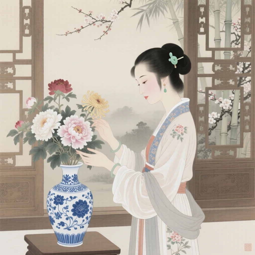 A woman arranging flowers in a ceramic vase by a window