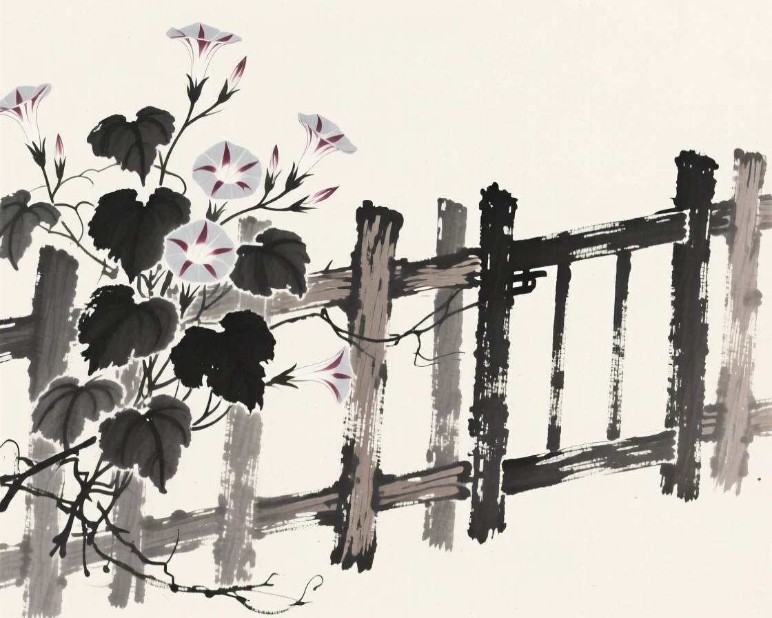A cluster of morning glories on a fence beside a weathered wooden fence, framed asymmetrically for quiet visual balance, evoking quiet elegance and simple grace.