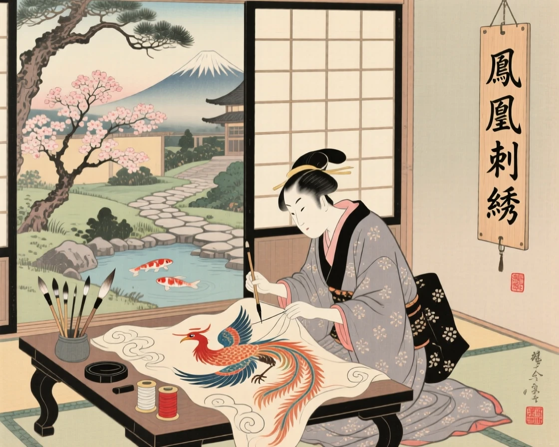 A calligrapher stitching a phoenix design onto silk.