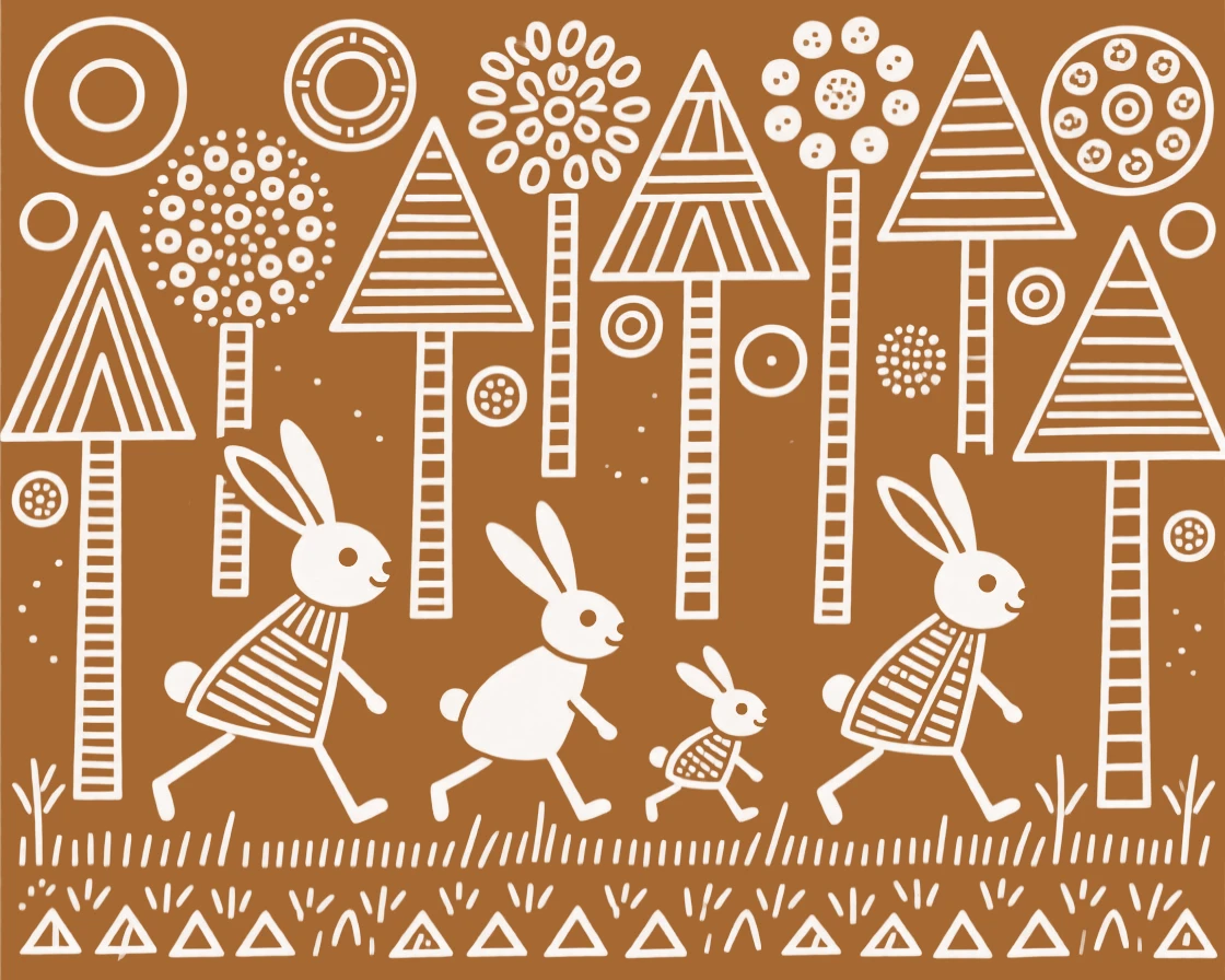 A family of rabbits moving through a dense forest.