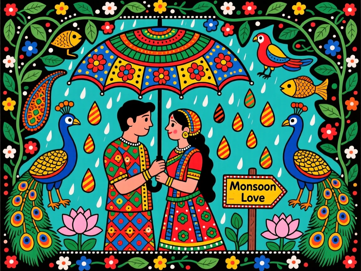 A couple sharing an umbrella as monsoon rain falls around them.