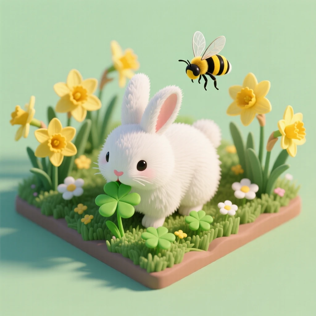 A fluffy bunny nibbling on clover in a spring garden, surrounded by blooming daffodils and a gentle buzzing bee.