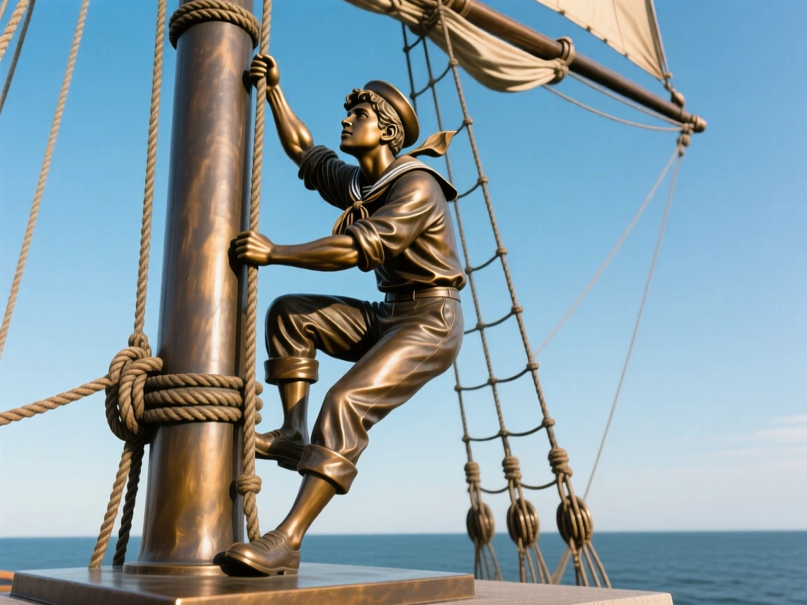 A young sailor climbing the rigging of a tall ship, set against a vast, open sky, forming a strong central focal point