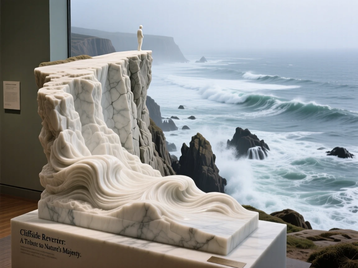 A breathtaking view of a cliffside overlook above crashing surf, rich with color and atmosphere, evoking peace and wonder