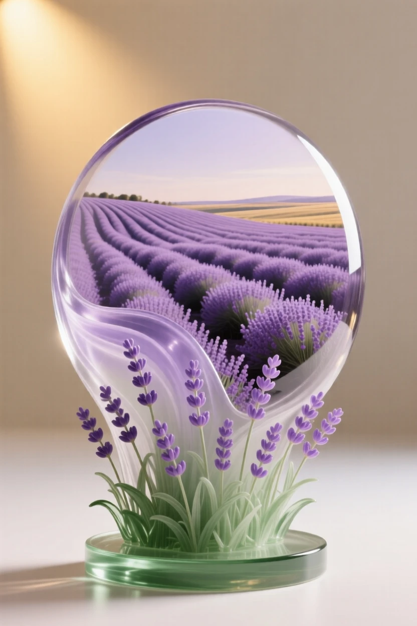 Rolling lavender fields stretching to the horizon, captured in soft golden light with layers of atmospheric depth, evoking peace and quiet grandeur.