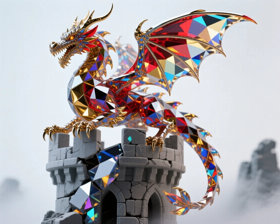 A dragon perched on a crumbling ancient tower overlooking a misty kingdom below.