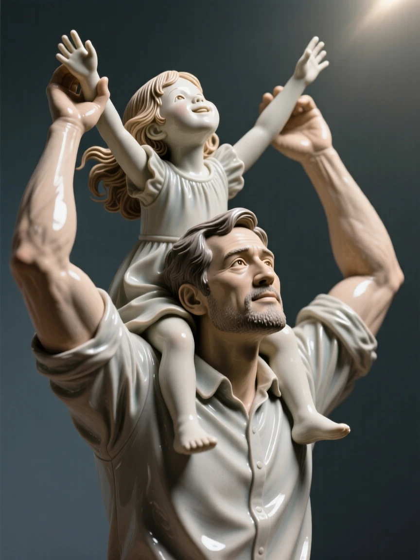 A father lifting his daughter onto his shoulders reaching upward as if toward the light, with delicate strands of hair catching the breeze, filling the scene with joy and gentle wonder.
