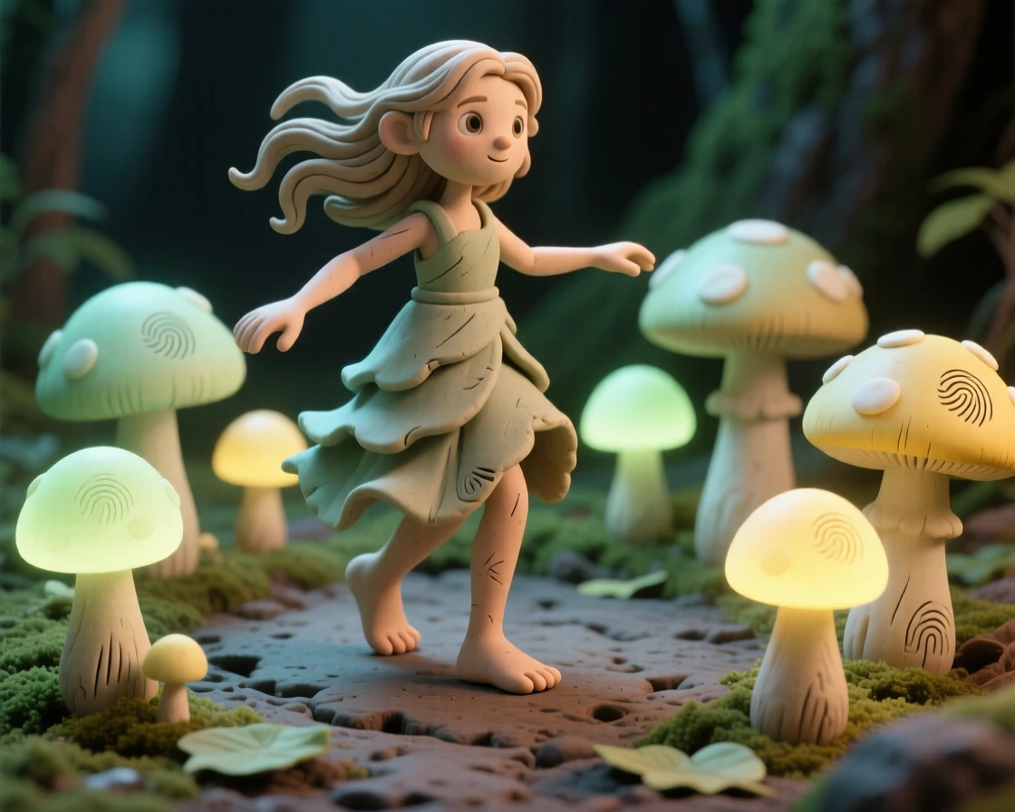 A forest nymph dancing barefoot through a ring of glowing mushrooms