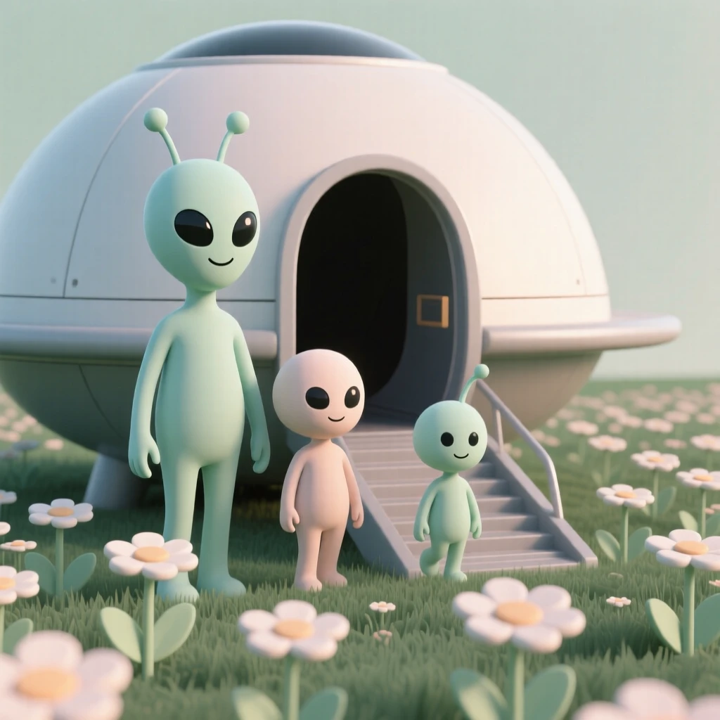 A cheerful alien family steps out of their spaceship to admire a field of blooming Earth flowers.