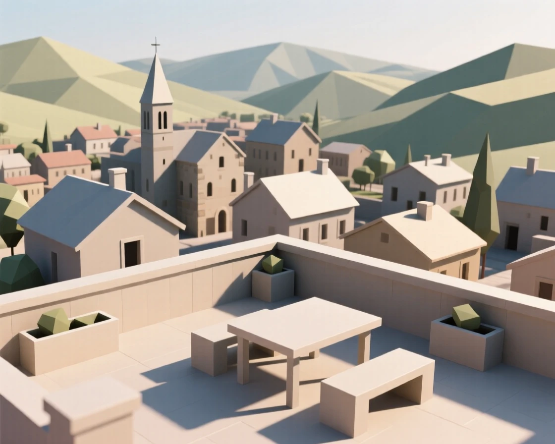 A vibrant rooftop terrace overlooking a historic old town, framed by distant rolling hills. vibrant color accents contrast against neutral stone. A gentle, welcoming warmth fills the air.