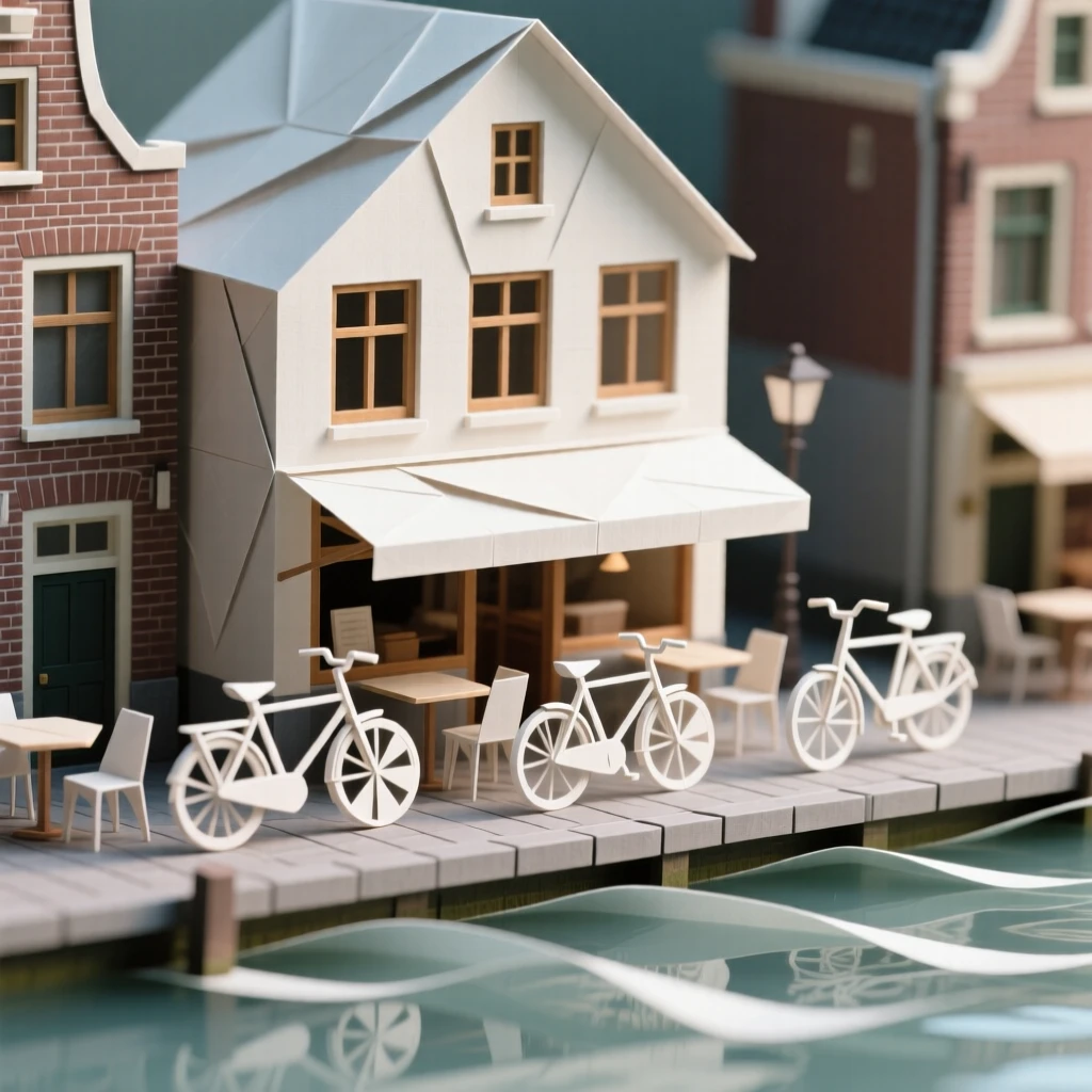 A traditional canal-side café in Amsterdam with bicycles parked along the water.