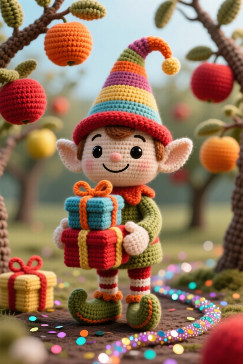 a cheerful elf helper, with a pointed hat and curled shoes, is shown wrapping a stack of presents in a quiet orchard heavy with ripening fruit beside a trail of glittering confetti, capturing quiet, comforting seasonal tradition.
