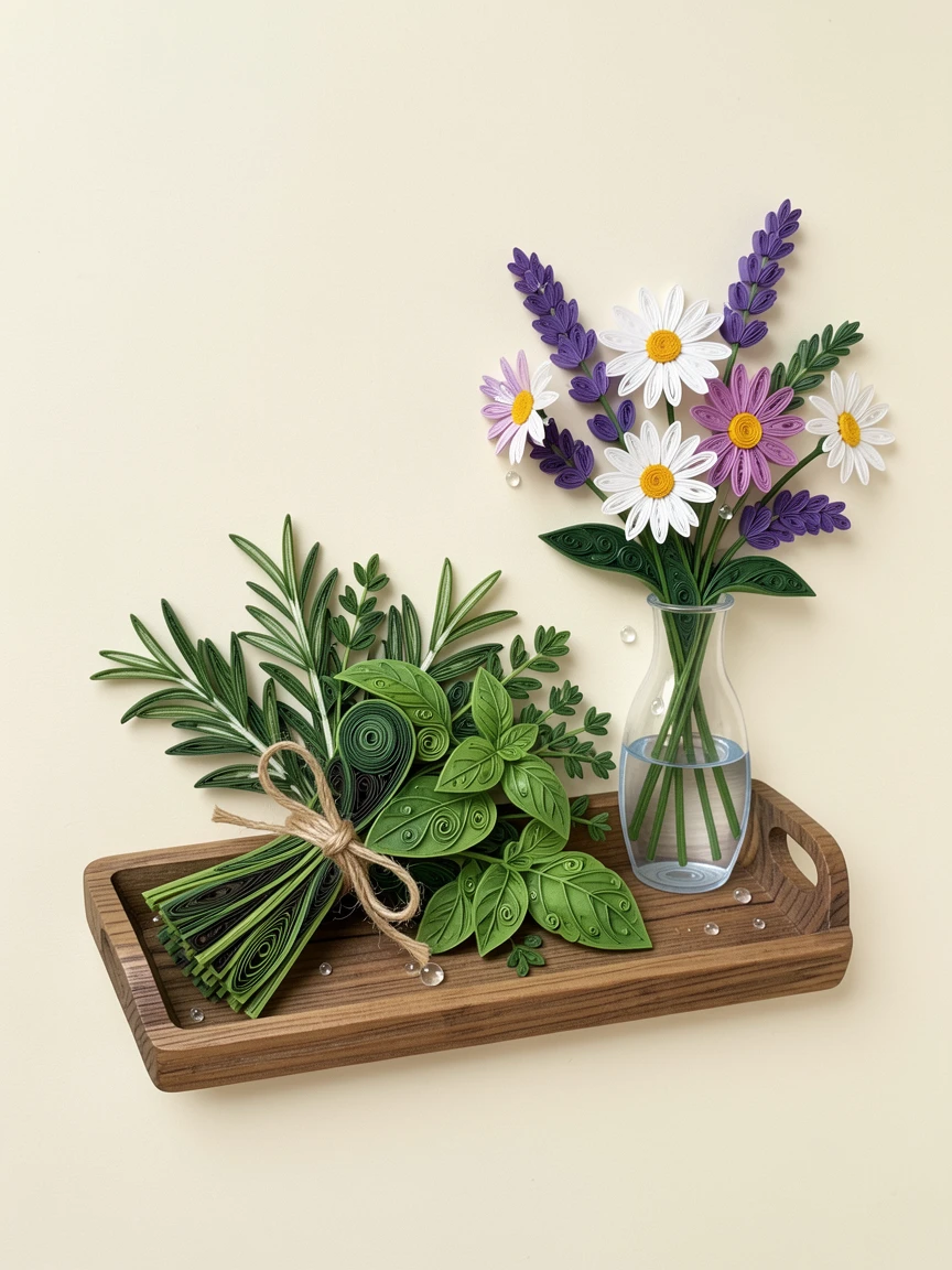 A cozy still life of a bouquet of kitchen herbs tied with twine on a wooden tray beside a vase of fresh flowers, with glistening droplets of morning dew, composed with a clean, minimal negative space background.