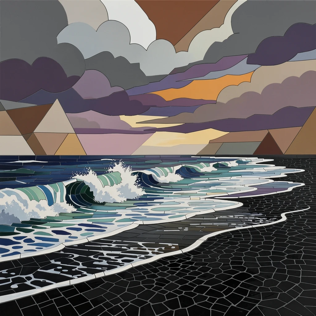 A wide panoramic view of a volcanic black sand beach with dramatic crashing waves, with dramatic clouds and rich natural color.