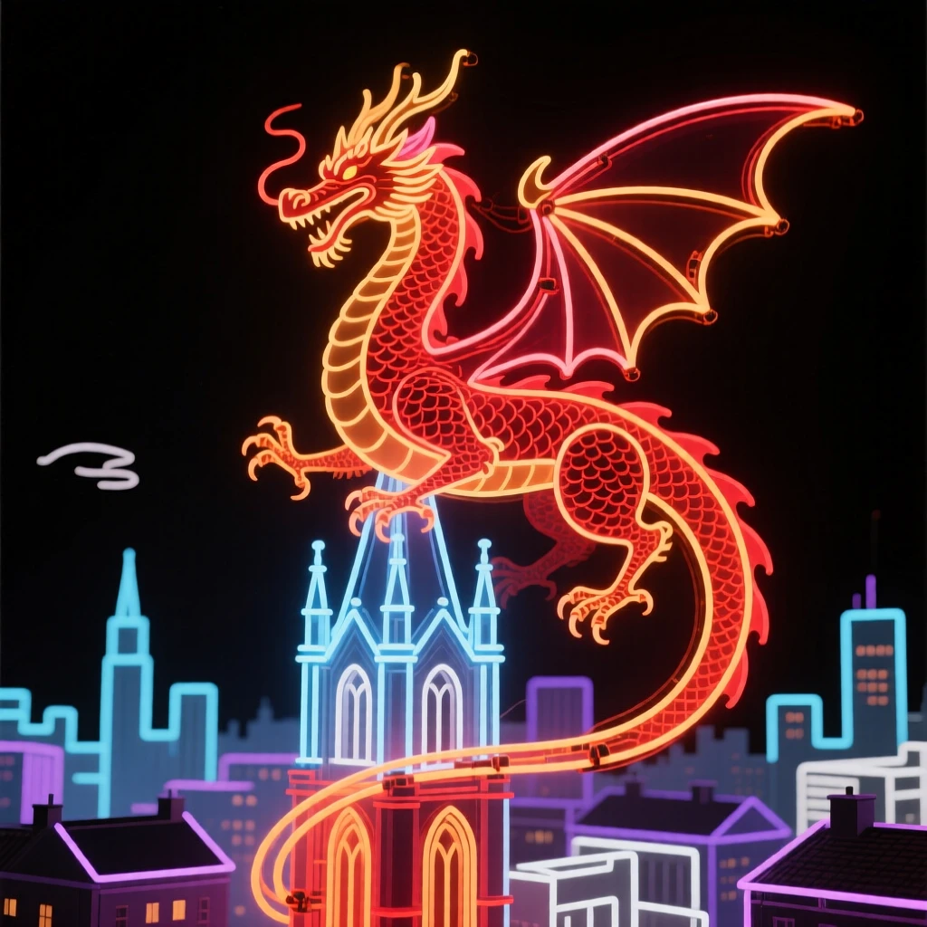 A dragon perched on a cathedral spire overlooking a sleeping city.