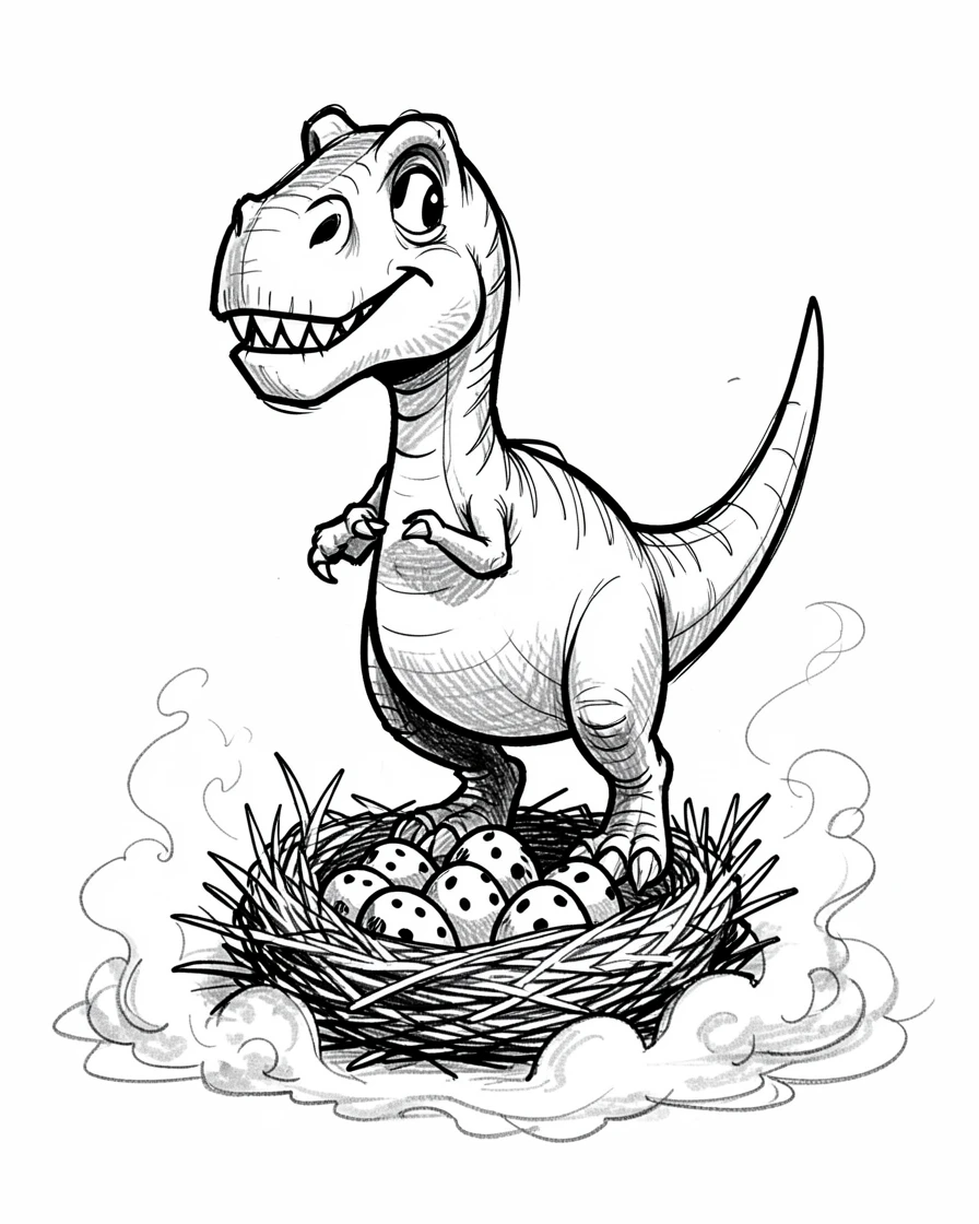 A dinosaur with a nest full of speckled eggs on an island surrounded by mist.