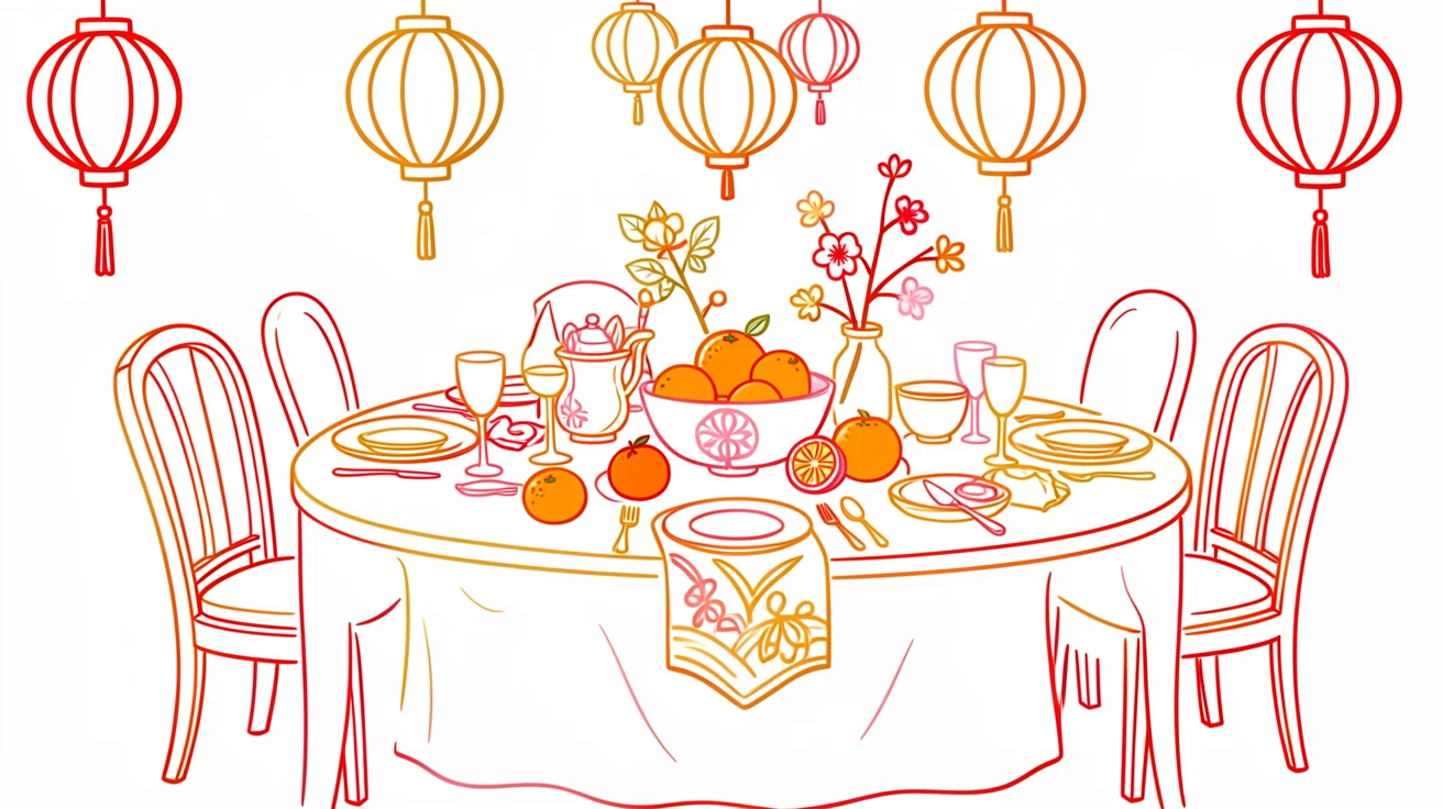 A festive dining table set for a Lunar New Year celebration with red decorations.
