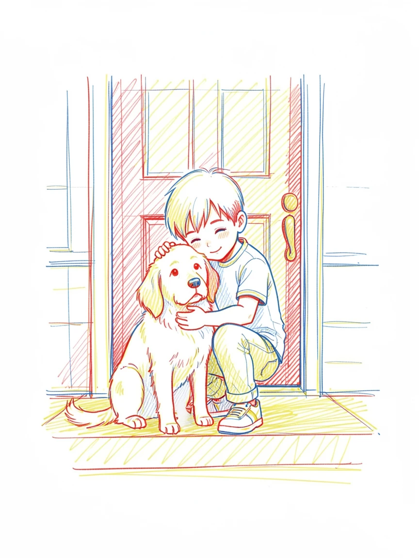 A little boy hugging his loyal dog tightly on the front porch