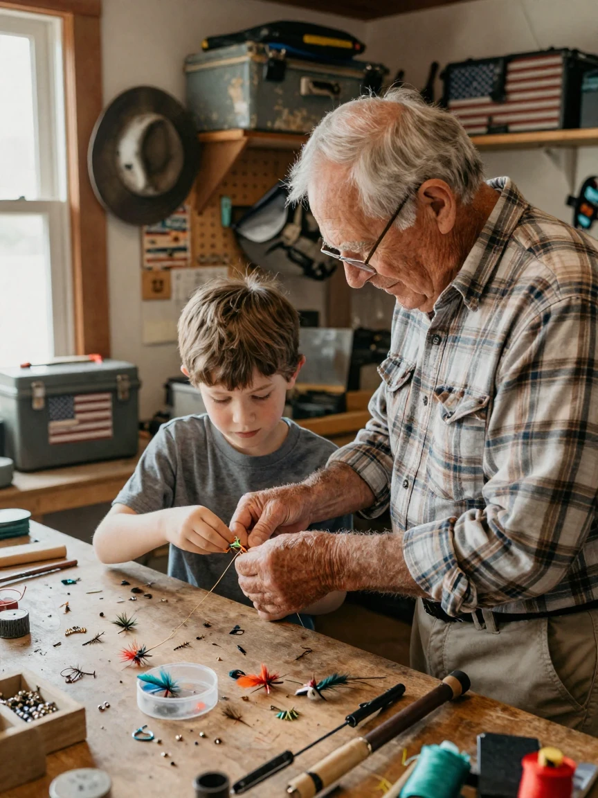 An elderly man teaches his grandson to tie a fishing fly at a cluttered workbench.