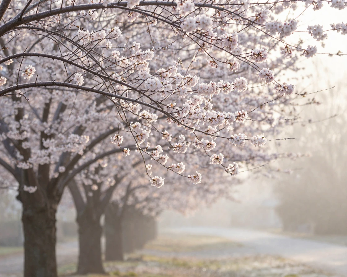 A row of blossoming cherry trees dusted lightly with early morning frost