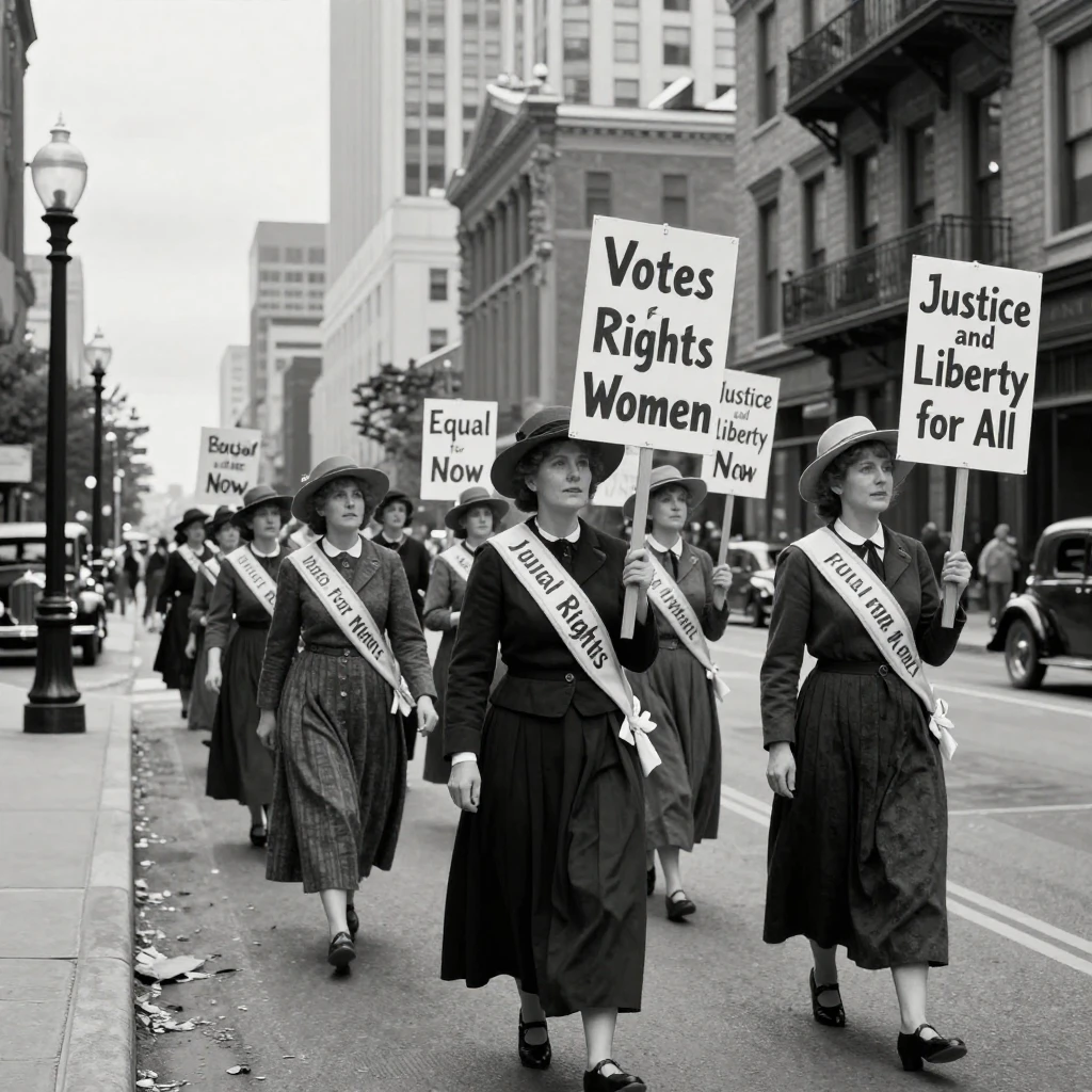A group of suffragettes marches for equal rights along a historic avenue.