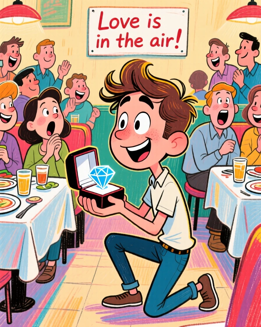 A young man proposing on one knee in a crowded restaurant, ring box open.