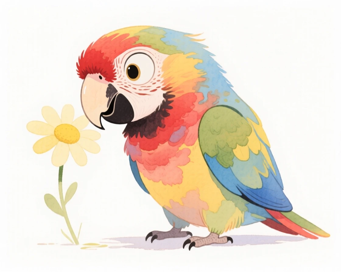 A colorful parrot sniffing a single daisy