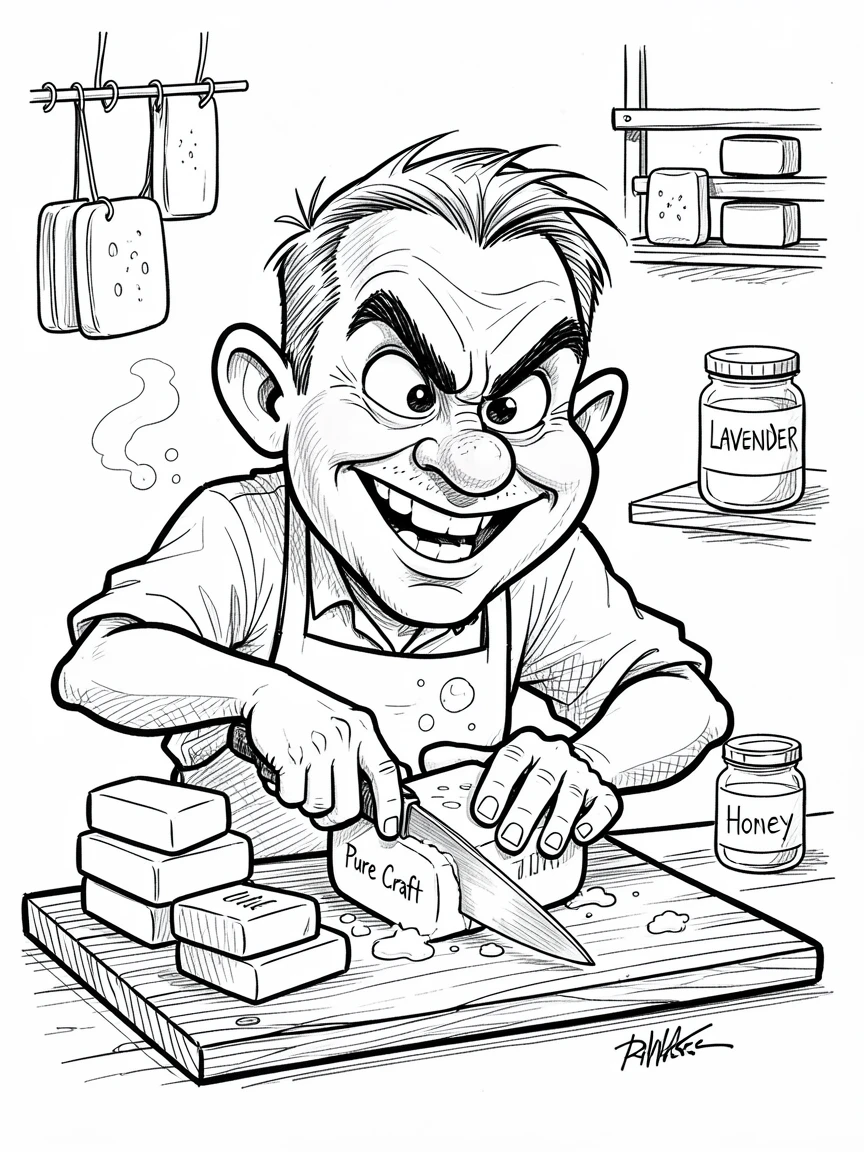 [Occupations & Hobbies] Detailed scene of a passionate soap maker cutting fresh bars on a wooden board, showcasing skill and dedication