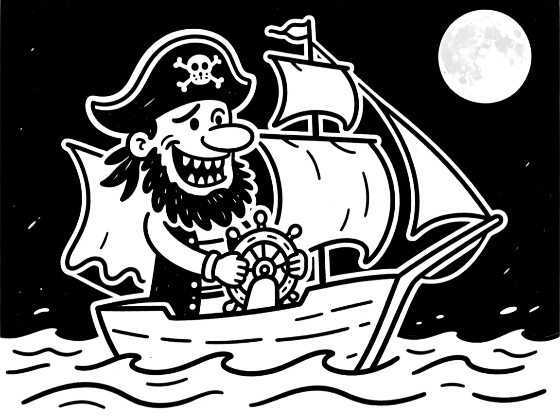 A pirate captain steering a ghostly ship through a stormy sea under a full moon.