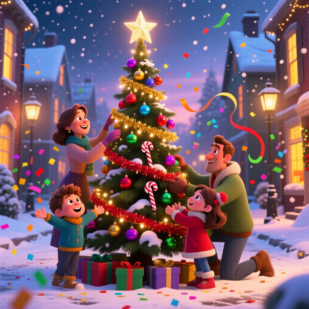 A family decorating a tall pine tree happens on a snowy street lined with glowing windows, with confetti and streamers filling the air. A bright, merry energy fills the entire scene.