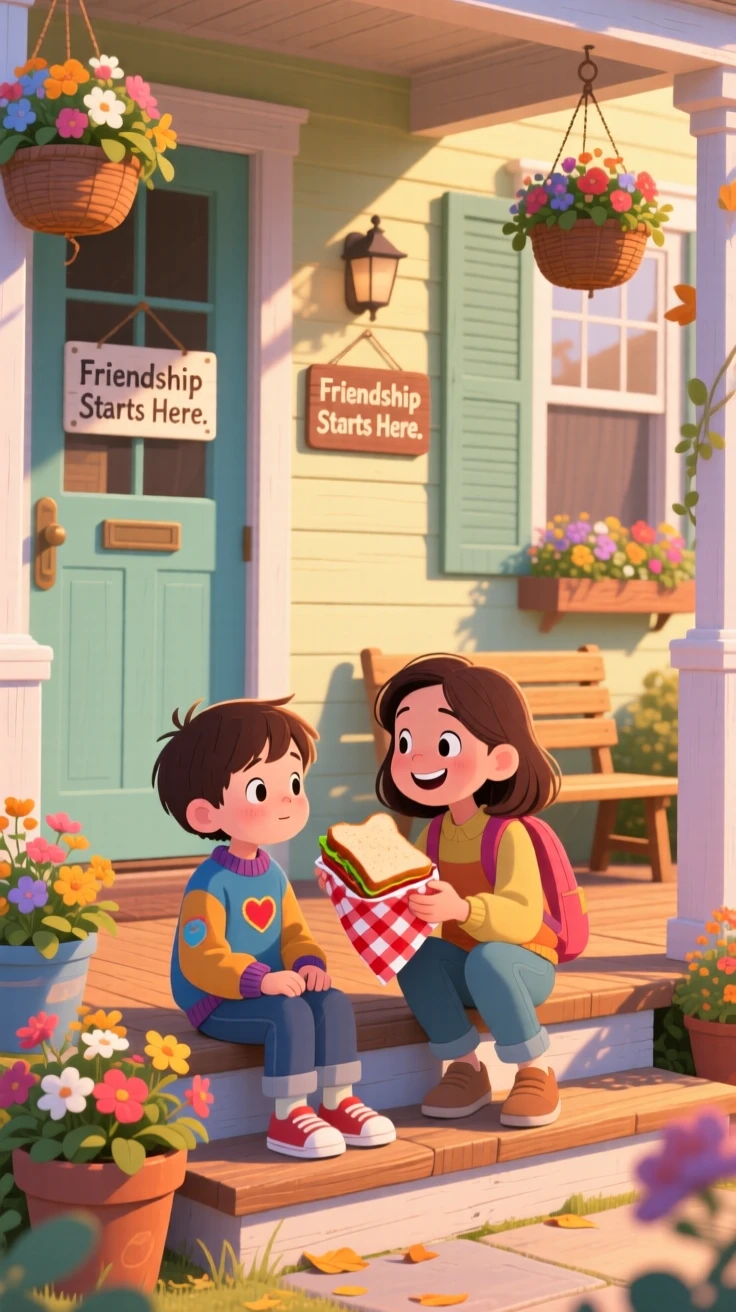 A lonely new student and a welcoming classmate share a tender moment offering half a sandwich to a new friend in a cozy front porch, while a warm glow of evening light surrounds them.